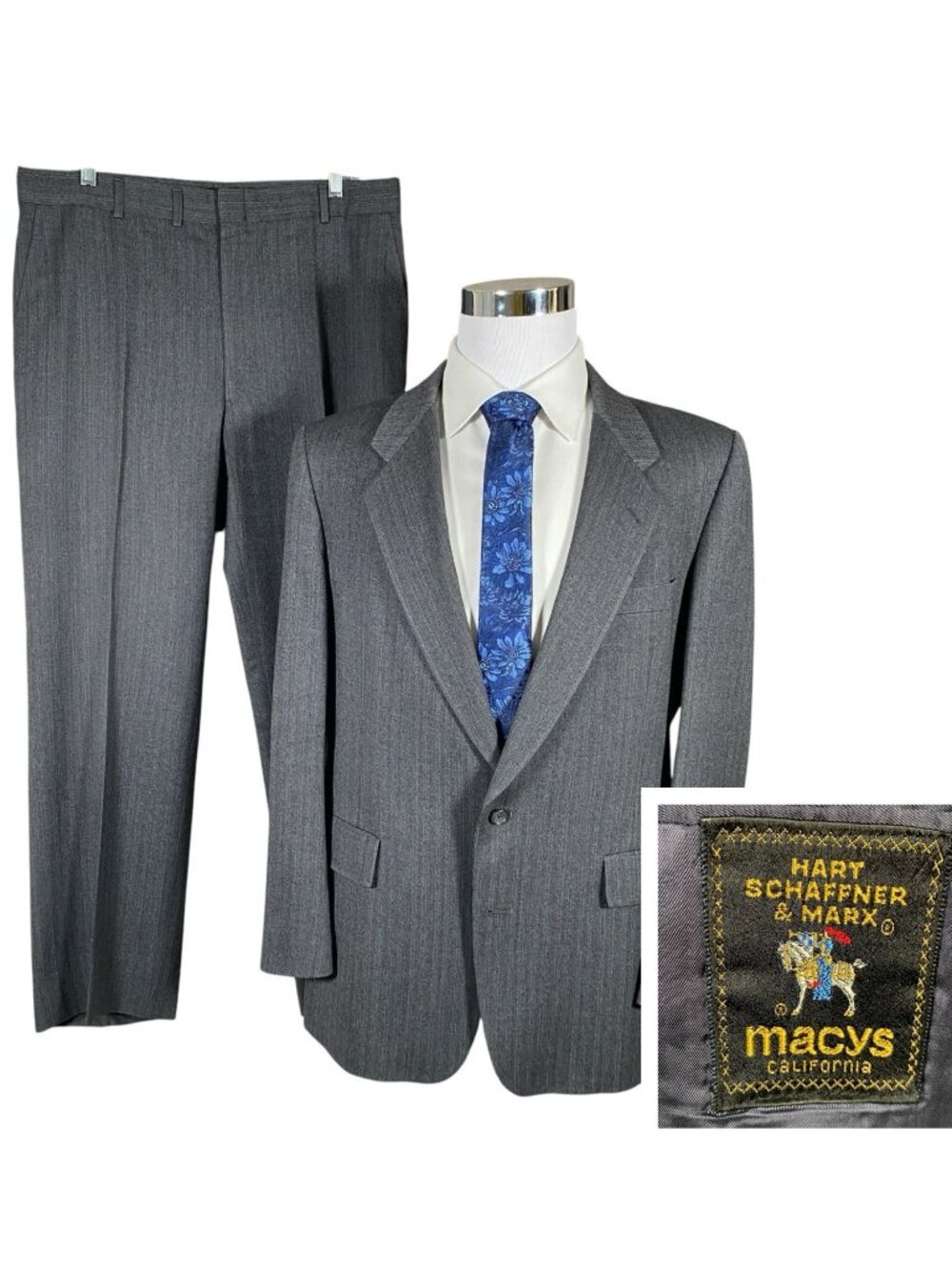 VTG Hart Schaffner Marx 2 Piece Suit 42R/W36xL30 Grey Herringbone Stripe Wool